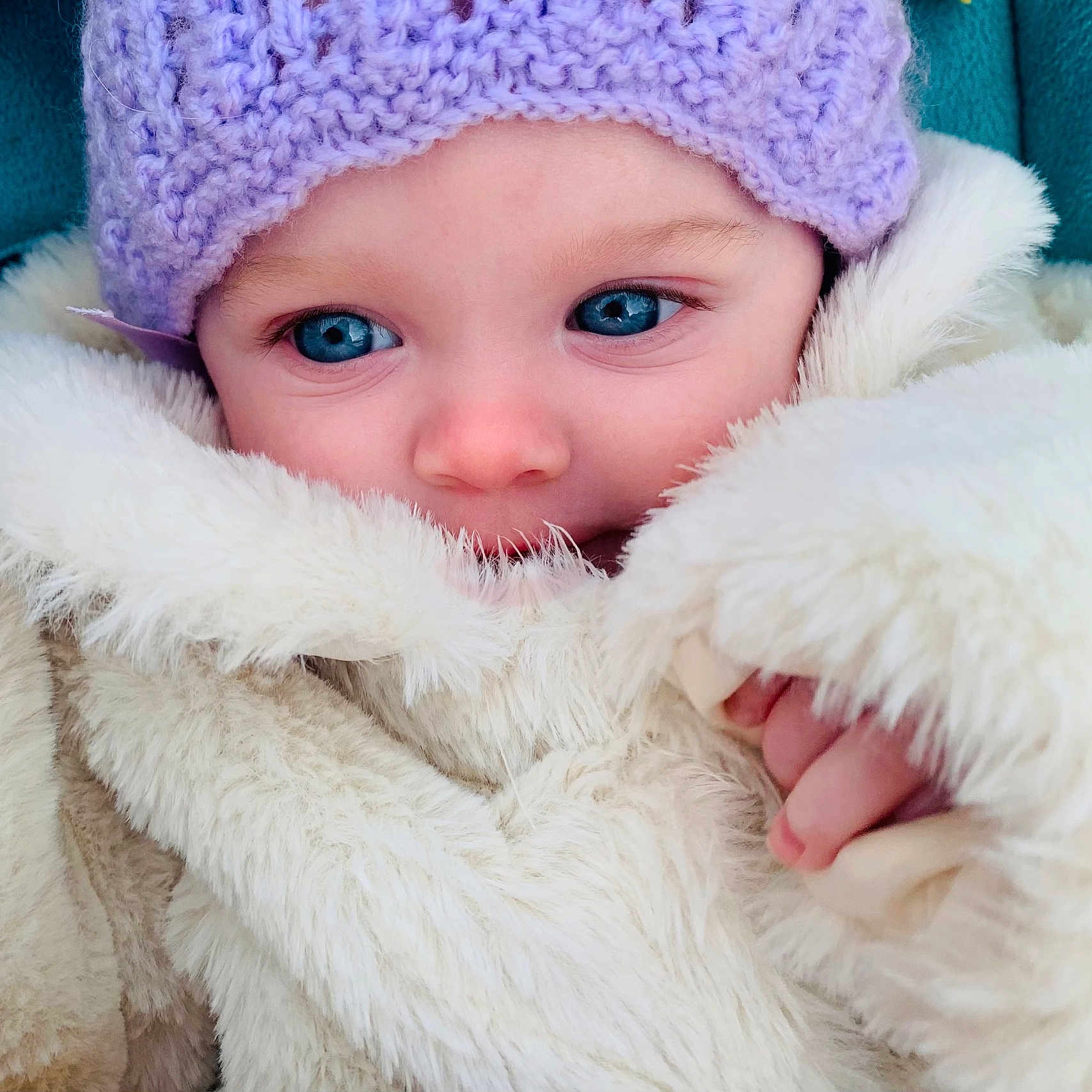 Dorothea joined the competition — help win amazing prizes! baby, blue_eyes, child, close_up, coat, cute, face, fingers, fluffy, fur, glance, hand, hat, infant, knit, lavender, portrait, skin, warm_clothing, winter