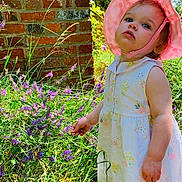 Dorothea is registered to the contest to win money with this photo: brick_wall, child, curious, cute, daylight, floral_dress, flowers, garden, grass, greenery, nature, outdoor, pink_hat, portrait, purple_flowers, standing, summer, sunlight, toddler, young_child