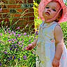 brick_wall, child, curious, cute, daylight, floral_dress, flowers, garden, grass, greenery, nature, outdoor, pink_hat, portrait, purple_flowers, standing, summer, sunlight, toddler, young_child