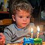 Esteban participe au concours pour gagner de l'argent avec cette photo : child, birthday_cake, candles, toy_train, curly_hair, indoor, warm_lighting, sitting, celebration, cake, table, sweater, portrait, face, person, young_child, curious, hands, wooden_chair, family_moment