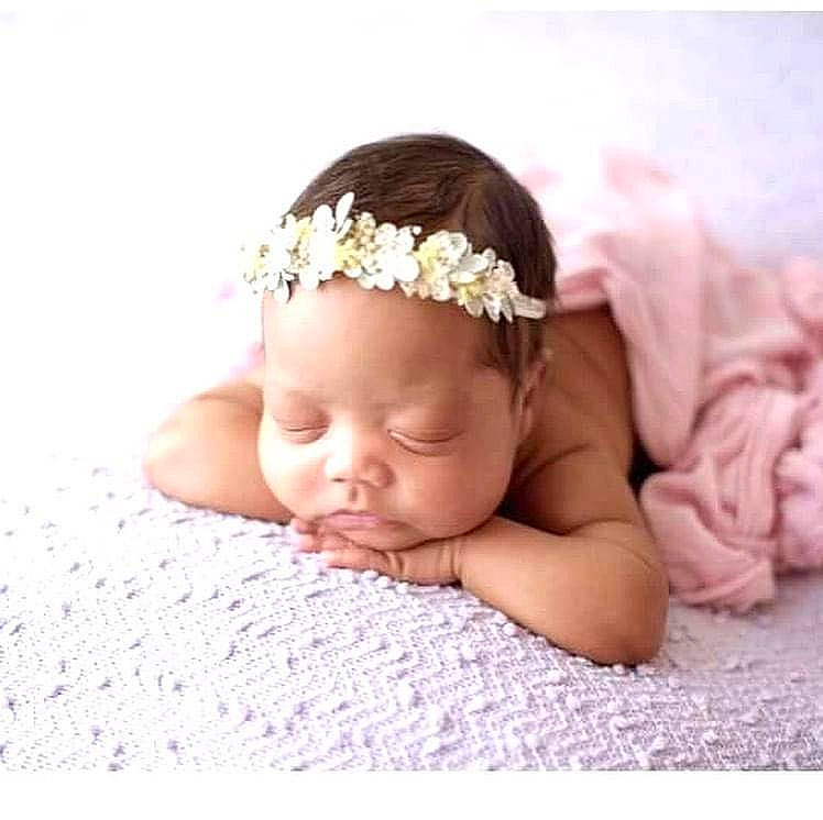 Emori joined the competition — help win amazing prizes! baby, baby_sleeping, beige, child, crown, fashion_accessory, forehead, hair_accessory, headband, headgear, headpiece, jewellery, pearl, person, petal, photograph, photography, pink, plant, skin