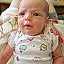 Aurora joined the competition — help win amazing prizes! baby, infant, onesie, cupcake_pattern, blanket, person, lap, face, eyes, arm, hand, indoor, table, bottle, couch, tattoo, cozy, cute, expression, relaxation