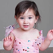 Isabella joined the competition — help win amazing prizes! toddler, child, pink_dress, polka_dot, girl, portrait, indoors, curly_hair, cute, baby, hands, expression, studio, floor, smiling, person, young_child, fashion, happy, face