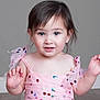 toddler, child, pink_dress, polka_dot, girl, portrait, indoors, curly_hair, cute, baby, hands, expression, studio, floor, smiling, person, young_child, fashion, happy, face
