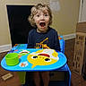 Grady is registered to the contest to win money with this photo: child, blond_hair, curly_hair, surprised, expression, kids_table, colorful, cartoon_characters, indoor, wooden_floor, cardboard_box, blue_chair, green_cup, casual_clothing, person, young_child, furniture, table, barefoot, room