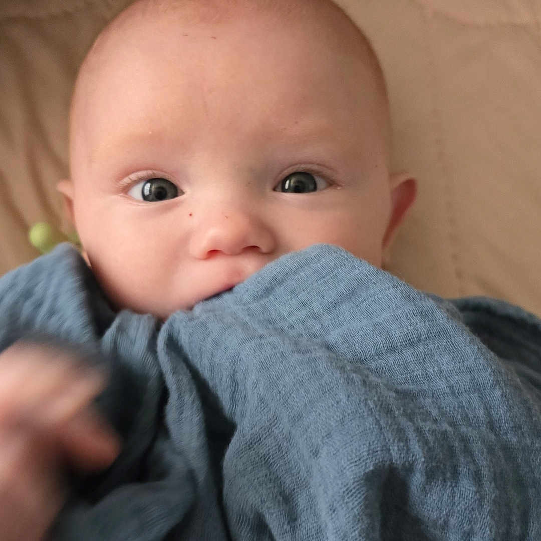 Arkin is registered to the contest to win money with this photo: baby, infant, face, eyes, blanket, blue, soft, cute, young, child, portrait, closeup, skin, head, expression, comfort, warm, indoors, person, newborn
