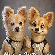 Balou a rejoint le concours — aidez-le/la à gagner de superbes lots ! dog, chihuahua, pet, animal, cartoon, animated, realistic, harness, brown, cute, portrait, two_animals, studio, grey_background, comparison, digital_art, text_overlay, funny, expression, matching_outfits