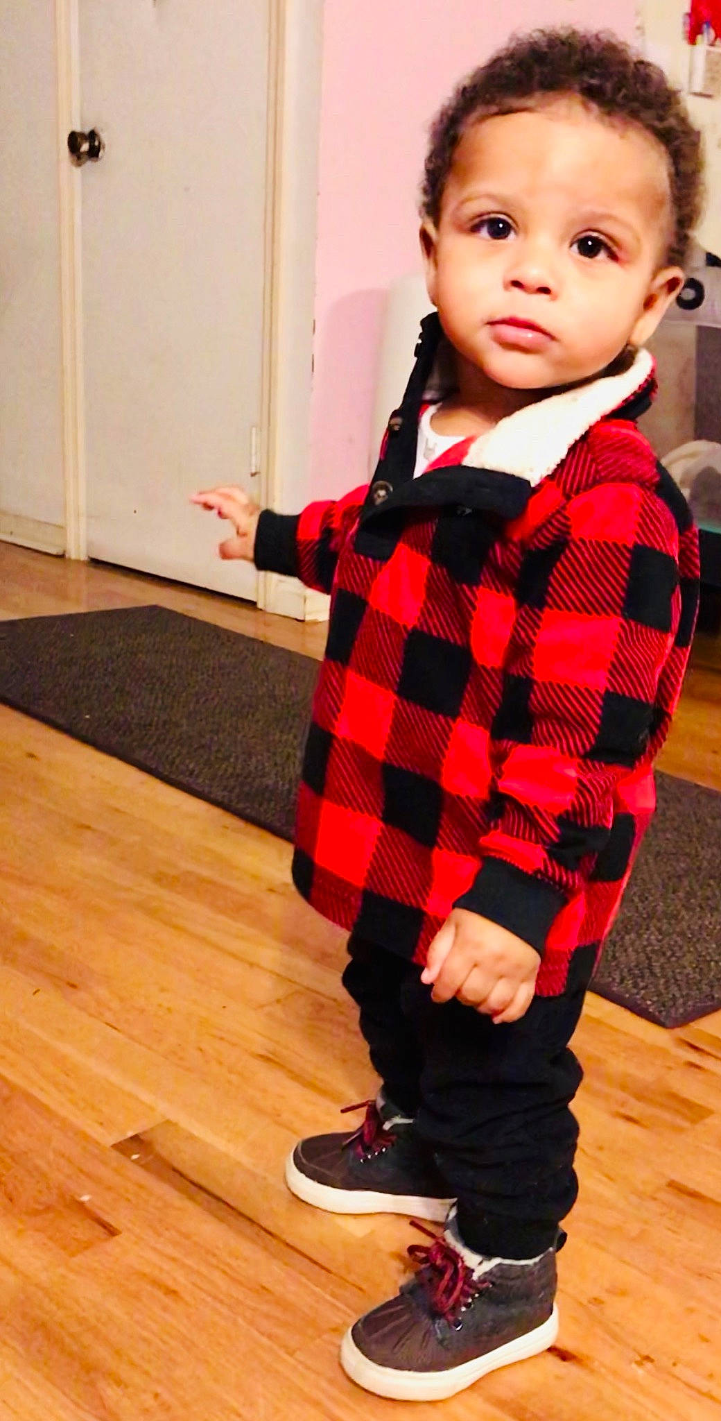 Fred joined the competition — help win amazing prizes! baby, cheek, child, child_model, clothing, design, flooring, male, outerwear, pattern, person, plaid, sleeve, tartan, textile, toddler, wood, wool