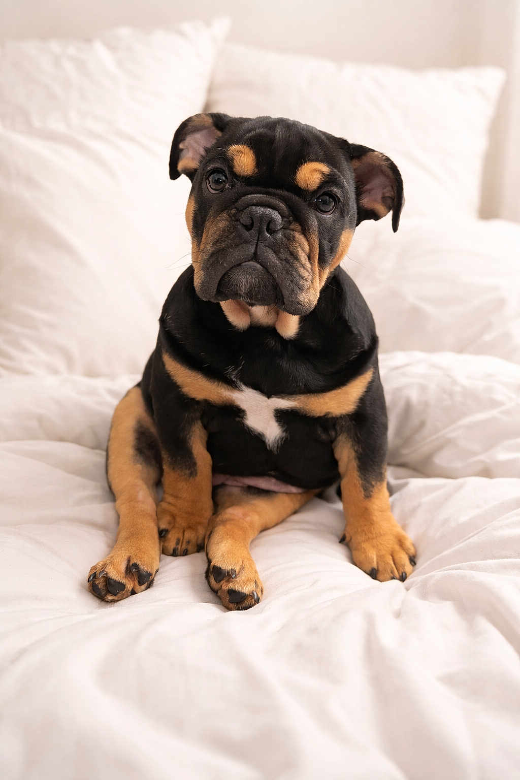 Nova participe au concours pour gagner de l'argent avec cette photo : dog, puppy, bulldog, pet, portrait, bed, bedding, white_bed, paws, front_paws, wrinkled_face, ears, nose, eyes, sitting, indoor, cozy, cute, animal, domestic_pet