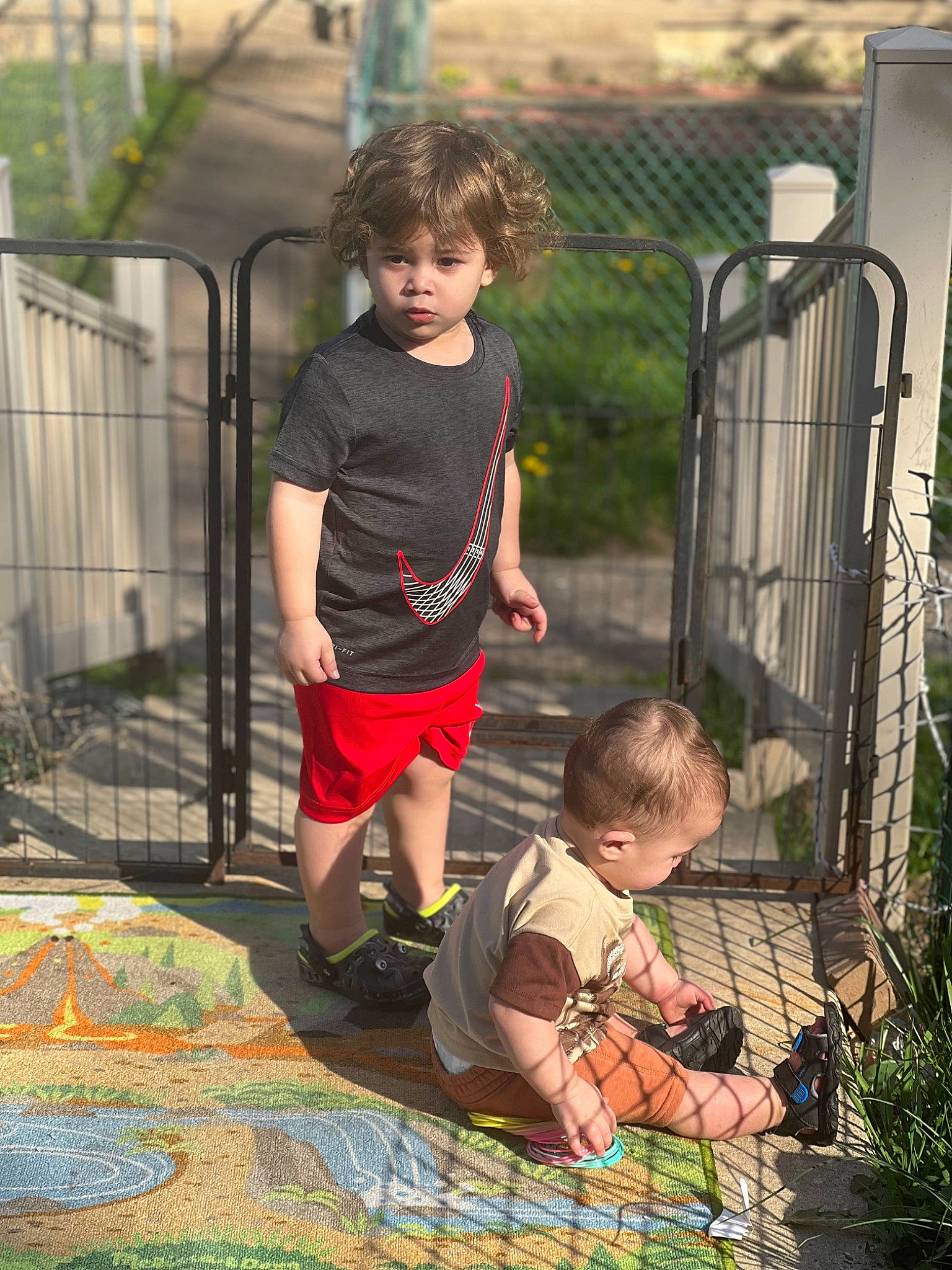 Vidal is registered to the contest to win money with this photo: child, fence, fun, garden, grass, leaf, leisure, mammal, people, person, photograph, plant, recreation, shorts, spring, summer, t_shirt, toddler, tree, vacation