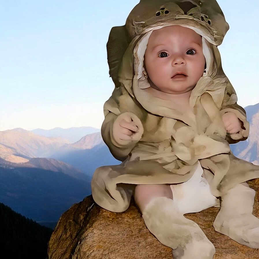 Tesssa is registered to the contest to win money with this photo: animal_costume, baby, child, clothing, costume, cute, daylight, expression, face, infant, landscape, mountains, nature, outdoor, portrait, rock, scenery, sitting, sky, young
