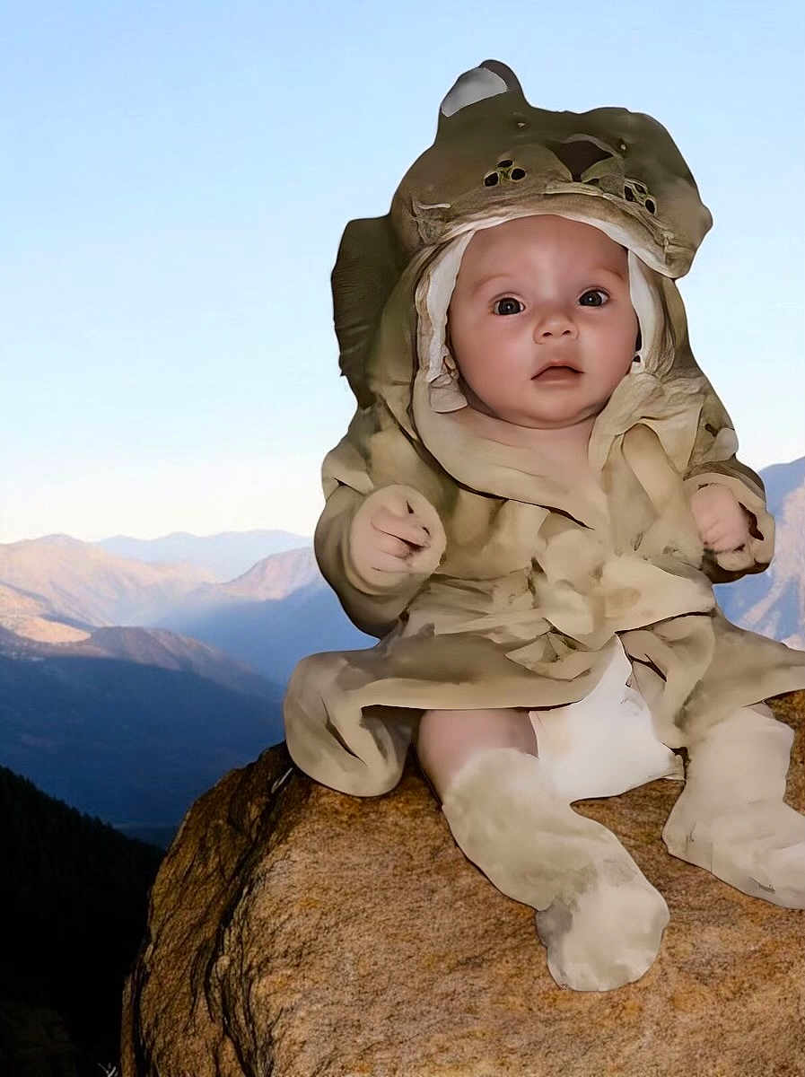 Tesssa is registered to the contest to win money with this photo: baby, child, costume, animal_costume, rock, mountains, outdoor, nature, landscape, sky, cute, portrait, infant, sitting, expression, face, clothing, scenery, daylight, young