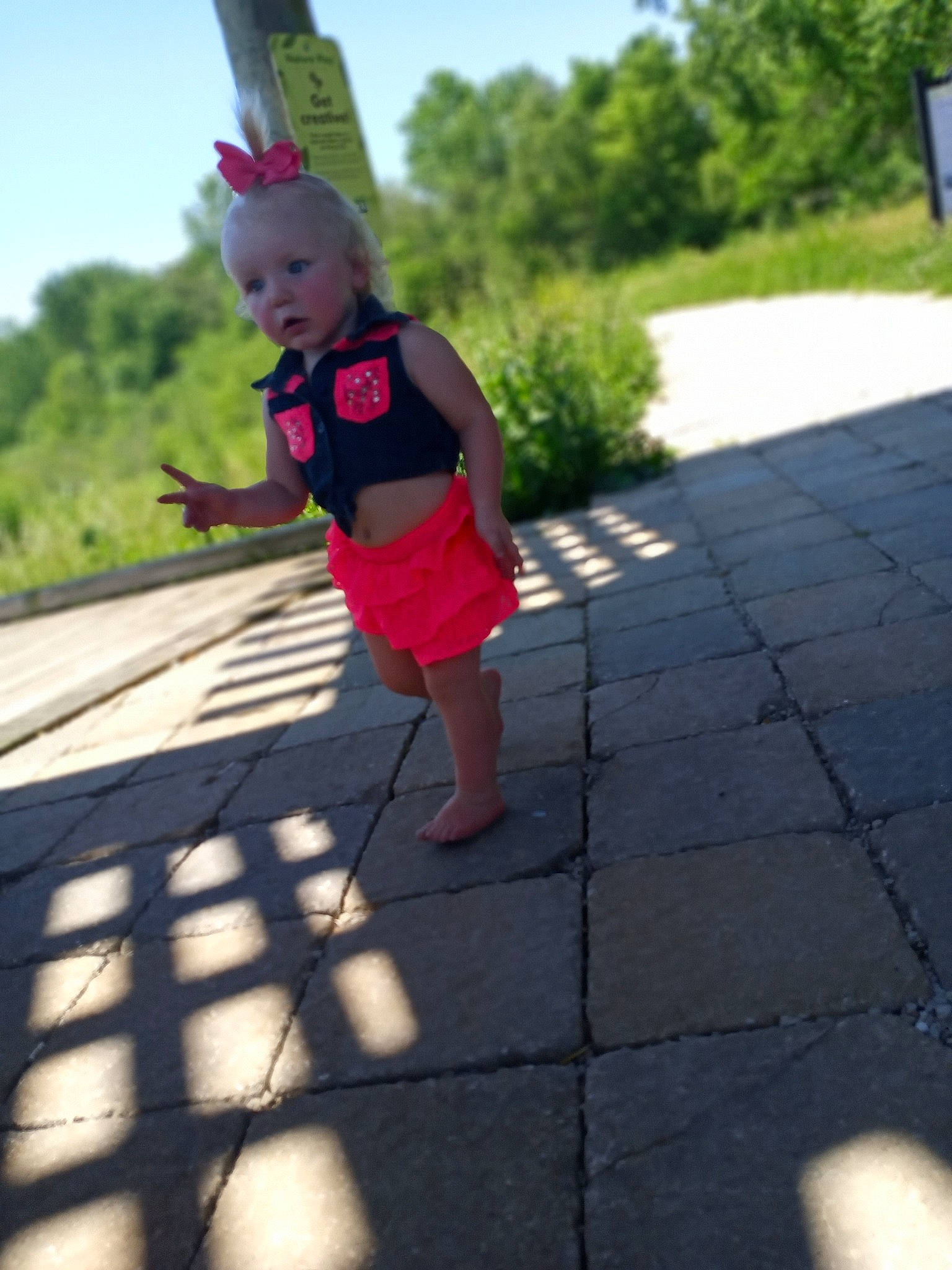 Paisleigh joined the competition — help win amazing prizes! child, fun, leg, leisure, person, play, recreation, sidewalk, summer, toddler, vacation