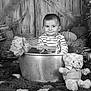 baby, tub, teddy_bear, pumpkins, hay, striped_shirt, bath_brush, smile, rustic, autumn, black_and_white, soft_toy, child, floor, leaves, decor, cute, portrait, indoor, plush