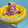 baby, child, pool, water, float, inflatable, yellow, pink, hat, smile, happy, swimwear, cute, summer, outdoor, sunny, fun, mickey_mouse, splash, playful