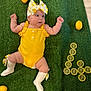 baby, infant, yellow_clothing, headband, bow, lemons, sliced_lemons, green_mat, grass_texture, white_socks, baby_pose, cute, indoors, wood_floor, number_four, citrus_fruit, child, portrait, bright_colors, soft_lighting