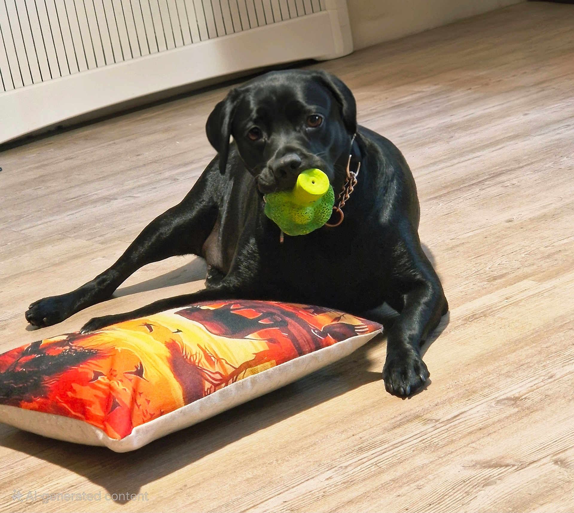 Bow joined the competition — help win amazing prizes! dog, black_dog, toy, green_toy, pillow, colorful_pillow, wooden_floor, indoor, pet, playing, resting, animal, collar, floor, home, cute, canine, domestic_animal, laying_down, leisure