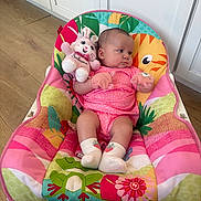 Sabrina joined the competition — help win amazing prizes! baby, infant, pink_clothing, stuffed_toy, baby_chair, colorful, indoor, wooden_floor, cute, soft_toys, child, socks, plush, portrait, seated, home, furniture, girl, animal_print, decor