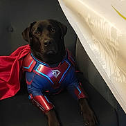 Arthus a rejoint le concours — aidez-le/la à gagner de superbes lots ! dog, black_dog, costume, superhero, cape, couch, indoor, furniture, pet, animal, portrait, wood_floor, living_room, cute, sitting, canine, face, ears, eyes, legs