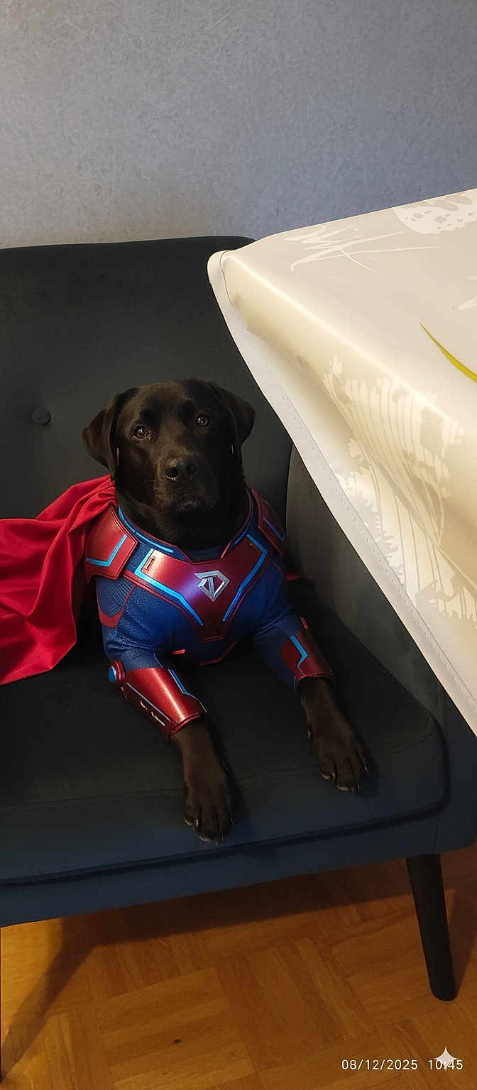 Arthus a rejoint le concours — aidez-le/la à gagner de superbes lots ! dog, black_dog, costume, superhero, cape, couch, indoor, furniture, pet, animal, portrait, wood_floor, living_room, cute, sitting, canine, face, ears, eyes, legs