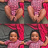 baby, infant, child, pink_onesie, leopard_print, smiling, happy, lying_down, blanket, red_blanket, gray_surface, four_panel, collage, cute, playful, arms_outstretched, legs_bent, portrait, indoor, person