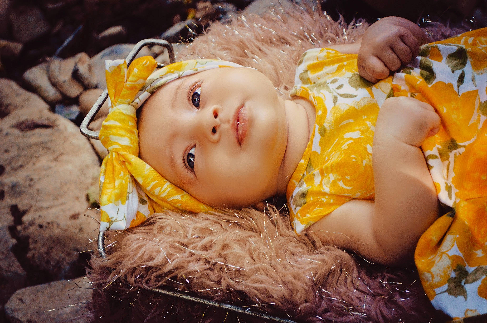 Alyvia is registered to the contest to win money with this photo: baby, child, doll, event, eye, fawn, flash_photography, fun, fur, grass, happy, headwear, jewellery, orange, people_in_nature, person, sitting, soil, toddler, toy