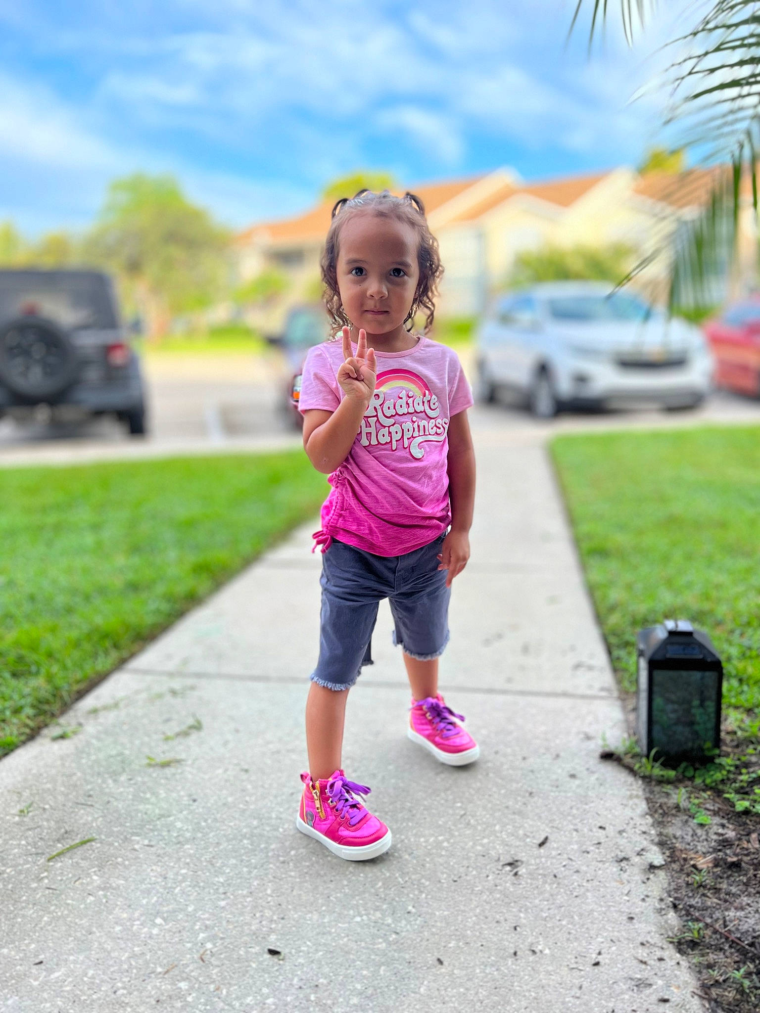 Janessa is registered to the contest to win money with this photo: asphalt, child, cloud, fun, grass, happy, leisure, people_in_nature, person, plant, recreation, road, road_surface, shoe, shorts, sky, sneakers, summer, toddler, tree