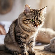 Bear joined the competition — help win amazing prizes! alert, animal, blurred_background, cat, closeup, cozy, cute, domestic_cat, feline, fur, green_eyes, indoor, mammal, pet, portrait, sitting, soft_light, striped, tabby, whiskers