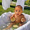 Riyank is registered to the contest to win money with this photo: baby, bath, child, clothing, curious, cute, daylight, flower_petals, grass, greenery, lemon, nature, onesies, outdoor, playful, sitting, skin, summer, tub, water