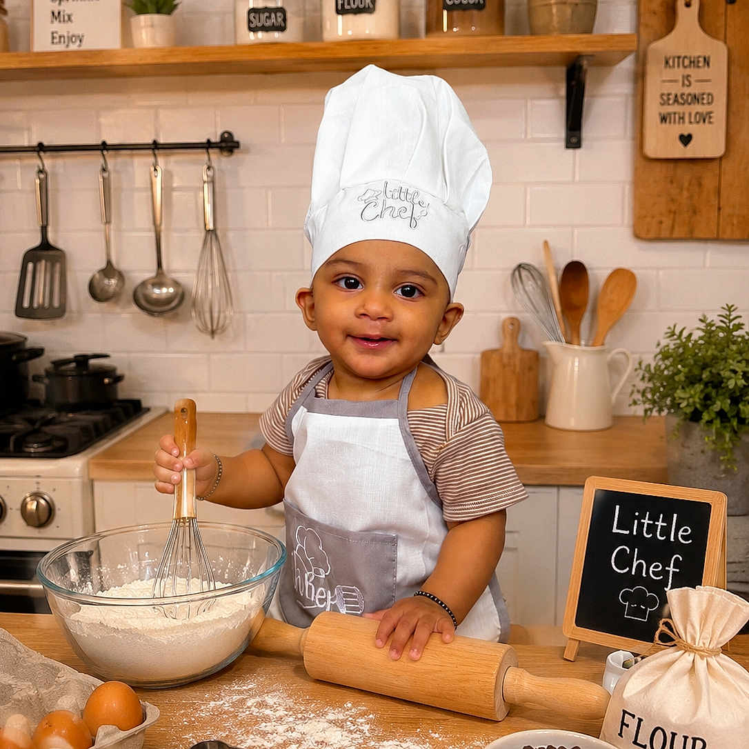 Riyank joined the competition — help win amazing prizes! apron, baby, baking, chef_hat, child, chocolate_chips, cookie_cutters, cooking, countertop, cutting_boards, eggs, flour, kitchen, plants, portrait, rolling_pin, smiling, stove, whisk, wooden_spoons