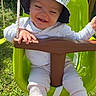 Lyam participe au concours pour gagner de l'argent avec cette photo : toddler, child, swing, hat, outdoor, grass, smiling, happy, sunlight, playground, green, clothing, baby, nature, person, summer, toy, seat, fun, daylight