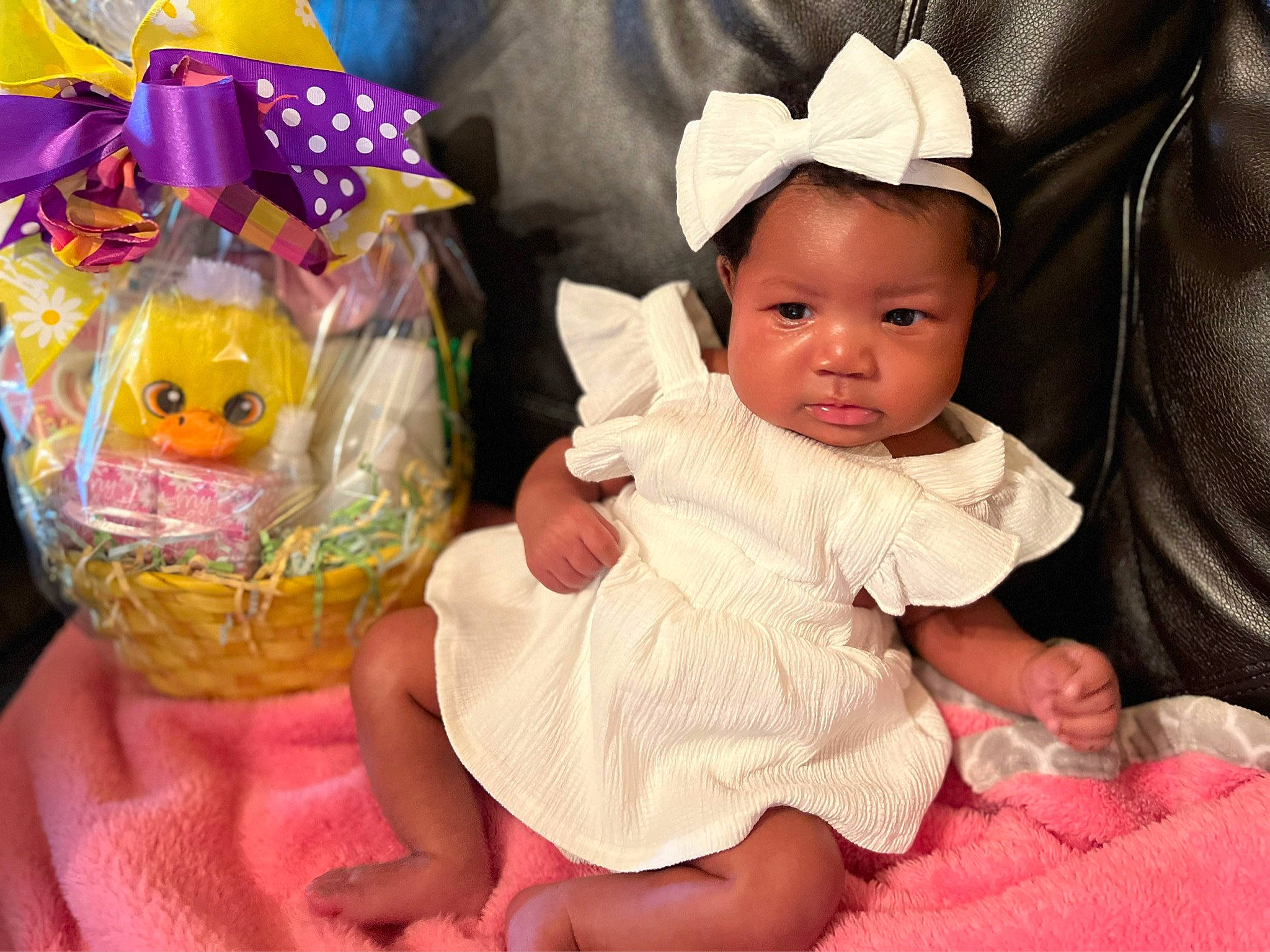 Kinsley is registered to the contest to win money with this photo: baby, baby_toddler_clothing, basket, beauty, child, comfort, event, facial_expression, fun, happy, hat, headgear, mammal, people, person, pink, skin, stuffed_toy, sun_hat, toddler