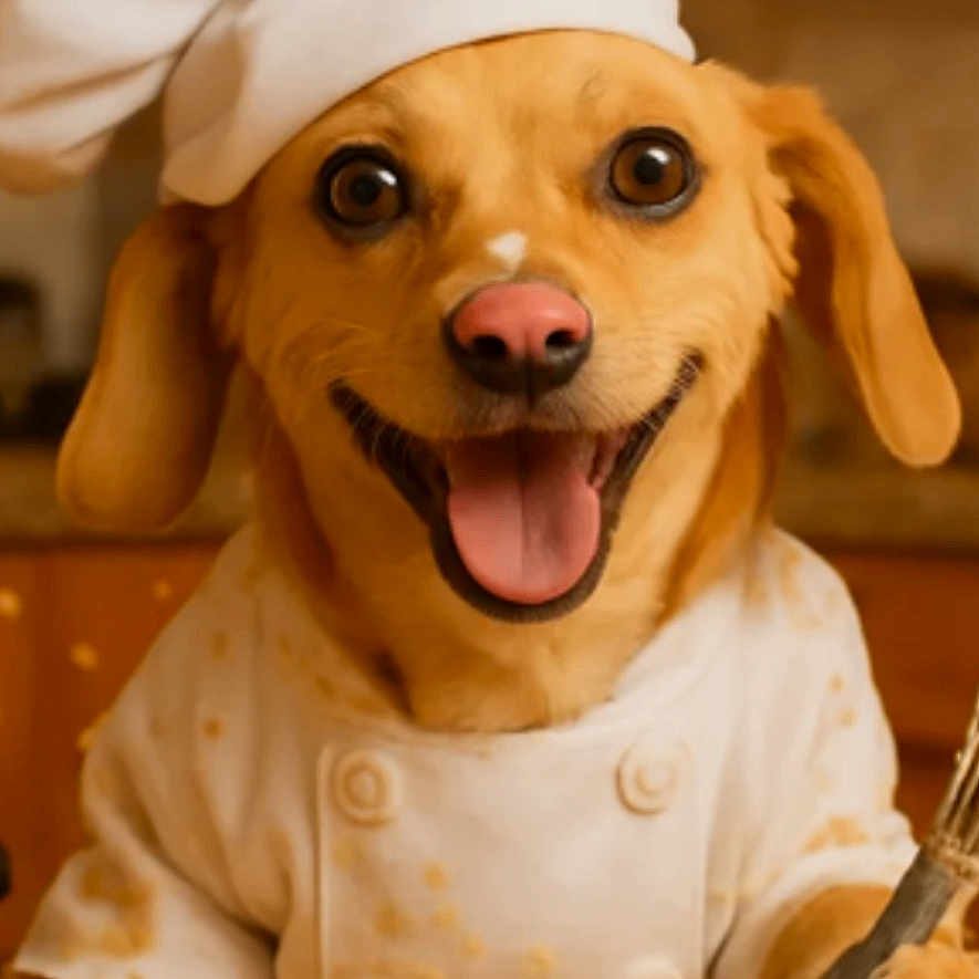 Stella is registered to the contest to win money with this photo: dog, chef_hat, chef_coat, kitchen, baking, whisk, happy, smiling, messy, counter, paw, ears, brown_dog, pet, animal, portrait, indoors, cute, cooking, playful