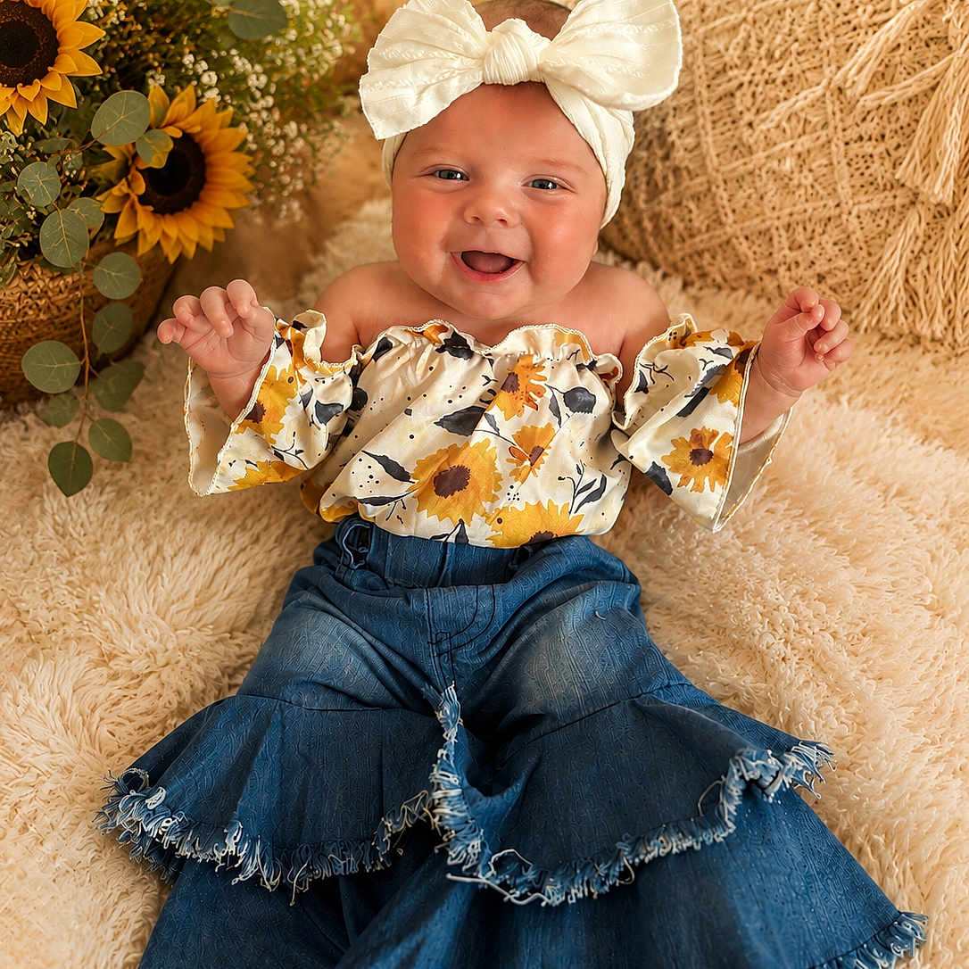 Ruxen is registered to the contest to win money with this photo: baby, child, smiling, headband, bow, sunflower, flower, denim, pants, top, sitting, happy, cute, indoor, cushion, rug, portrait, person, plant, cozy