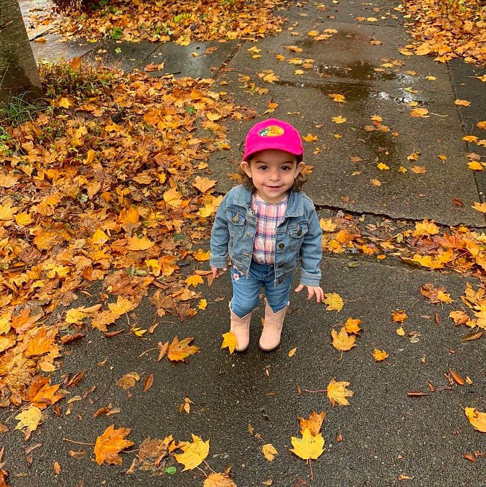 Ocean joined the competition — help win amazing prizes! asphalt, autumn, child, deciduous, headwear, joy, leaf, male, people_in_nature, person, plant, play, puddle, soil, toddler, tree, walking