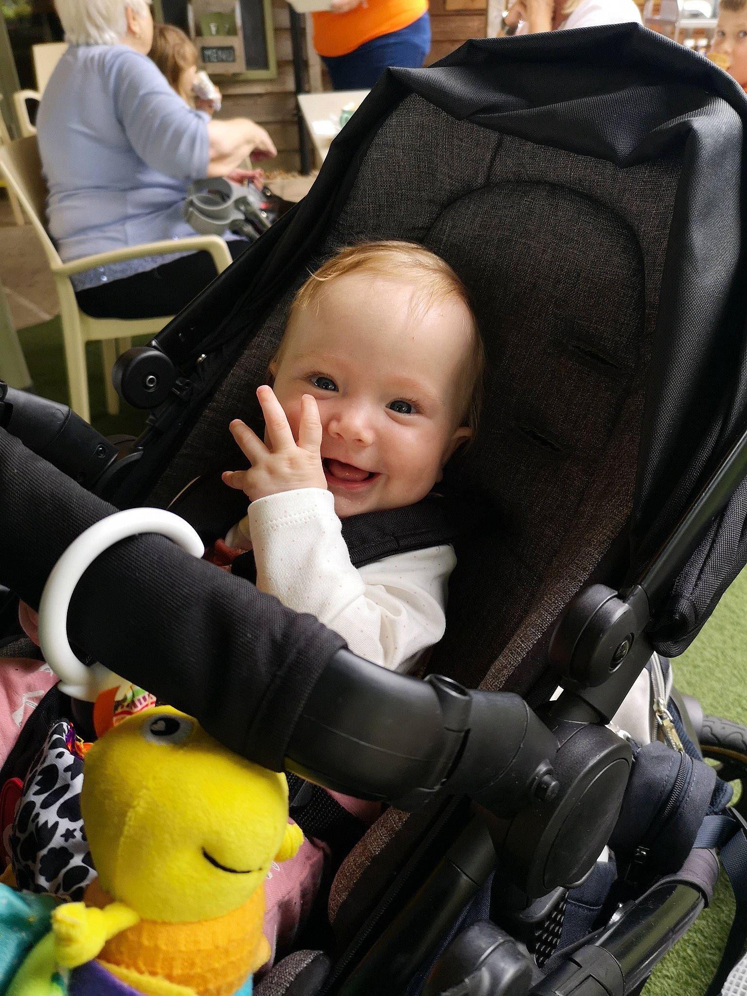Isla is registered to the contest to win money with this photo: auto_part, baby, baby_carriage, baby_products, car_seat, chair, child, comfort, event, fun, lap, motor_vehicle, person, service, sitting, smile, stuffed_toy, thumb, toddler, toy