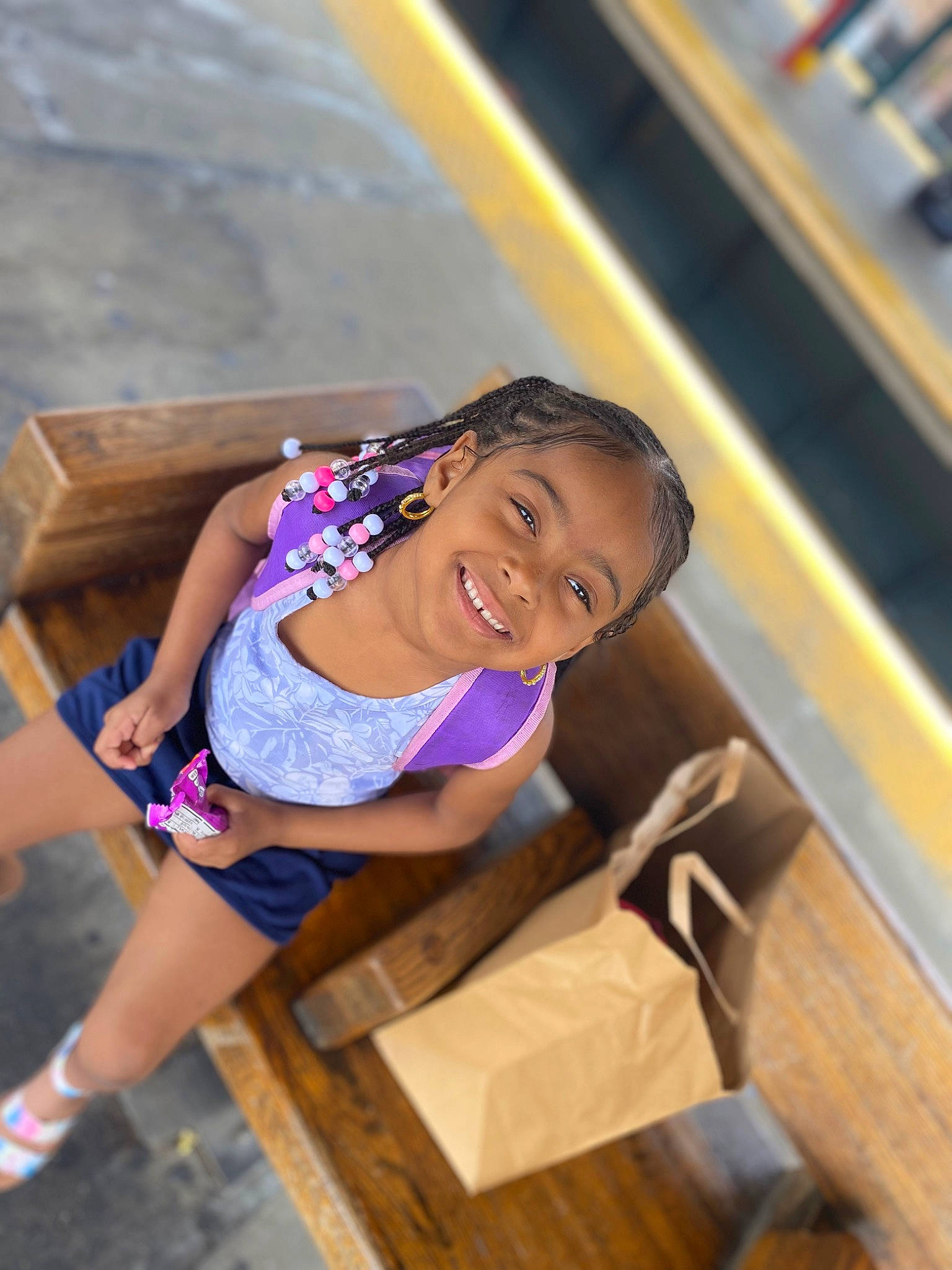 Alyssa is registered to the contest to win money with this photo: child, entertainment, event, eyewear, flooring, fun, happy, hat, human_leg, japanese_idol, joy, leisure, magenta, person, recreation, sandal, sitting, smile, thigh, toddler