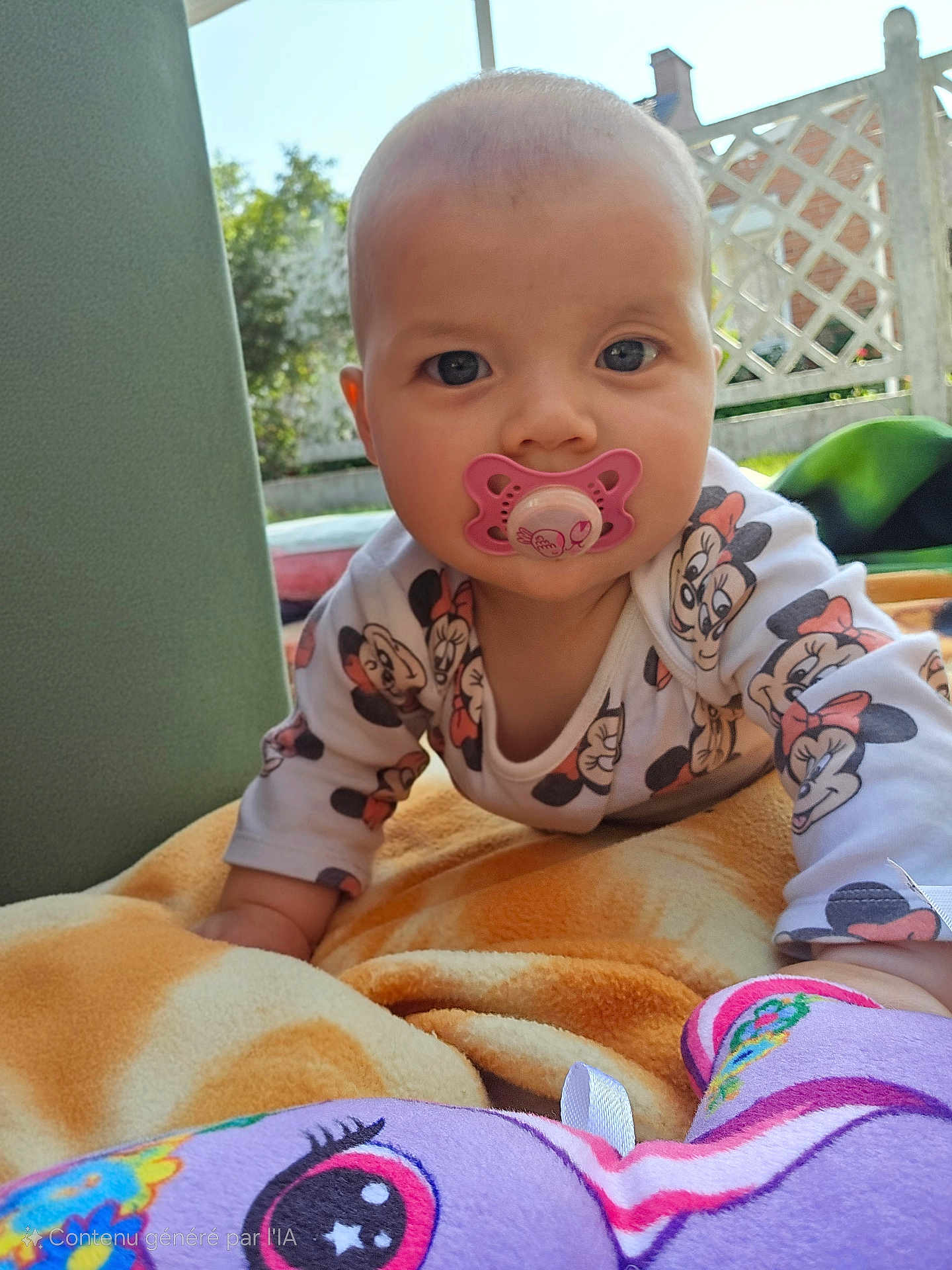 Alba participe au concours pour gagner de l'argent avec cette photo : baby, pacifier, onesie, minnie_mouse, blanket, crawling, infant, outdoor, fence, greenery, face, child, cute, young, toy, colorful, sunlight, portrait, expression, comfort