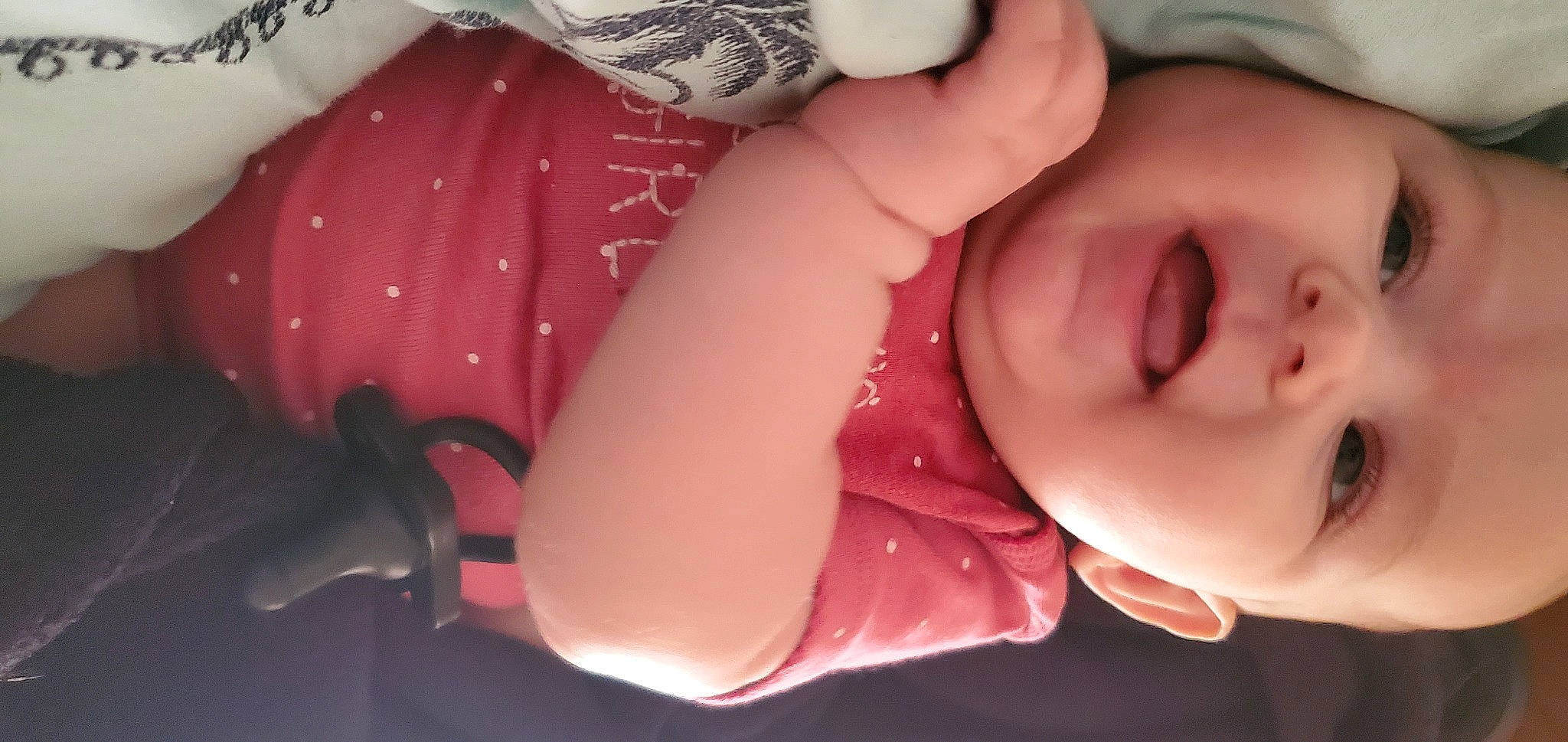 Kira is registered to the contest to win money with this photo: baby, baby_toddler_clothing, cheek, child, ear, eyelash, finger, gesture, hand, happy, lip, mouth, nail, nose, person, pink, skin, sleeve, thumb, toddler