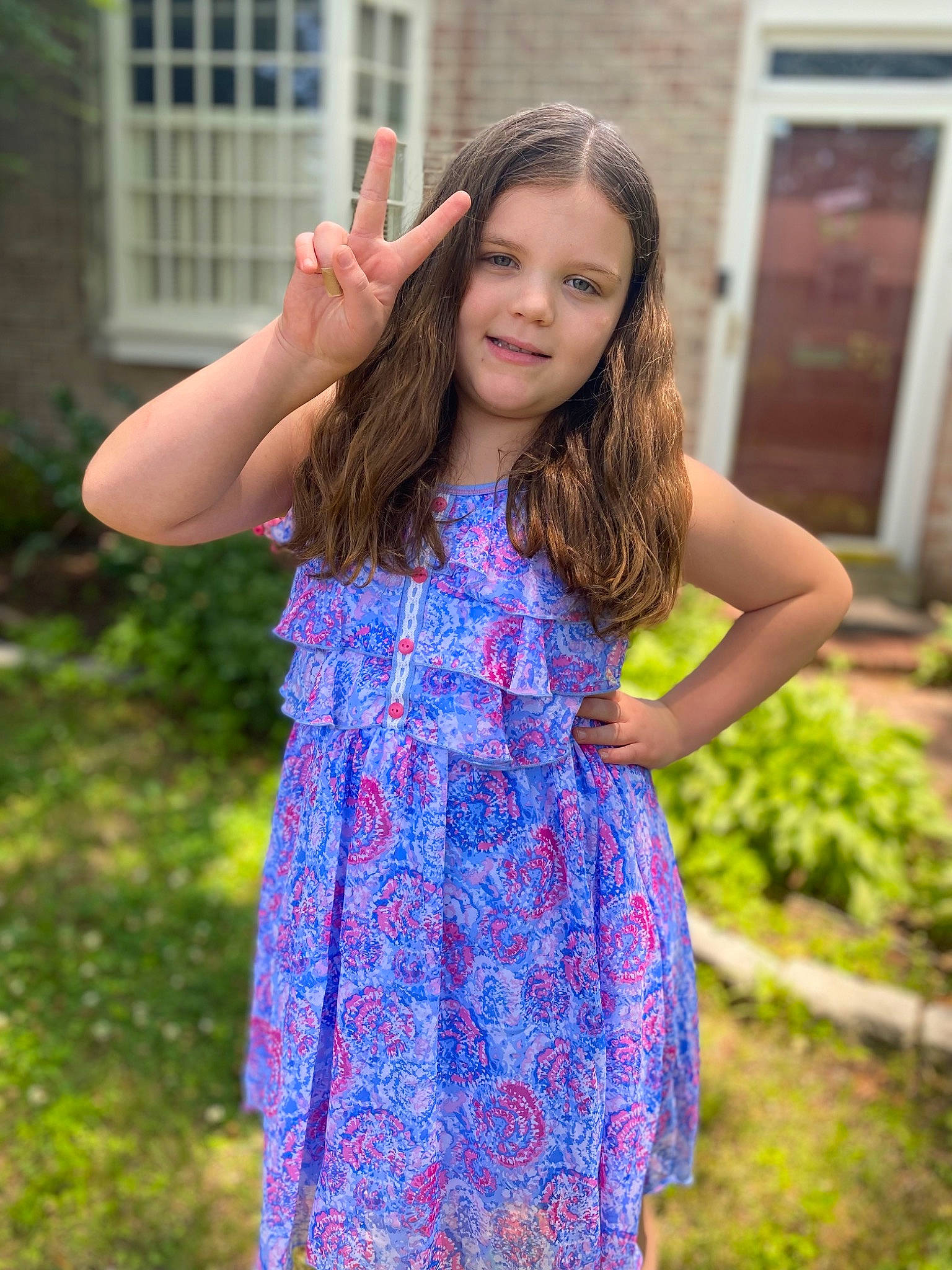 Brooklyn joined the competition — help win amazing prizes! day_dress, dress, electric_blue, formal_wear, grass, hair, hairstyle, happy, joint, joy, leaf, long_hair, magenta, neck, one_piece_garment, people_in_nature, person, pink, plant, purple