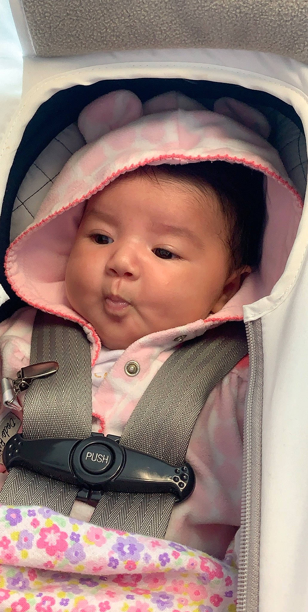 Celeste is registered to the contest to win money with this photo: baby, baby_carriage, baby_in_car_seat, baby_products, cheek, child, hat, headgear, person, pink, product, skin, toddler