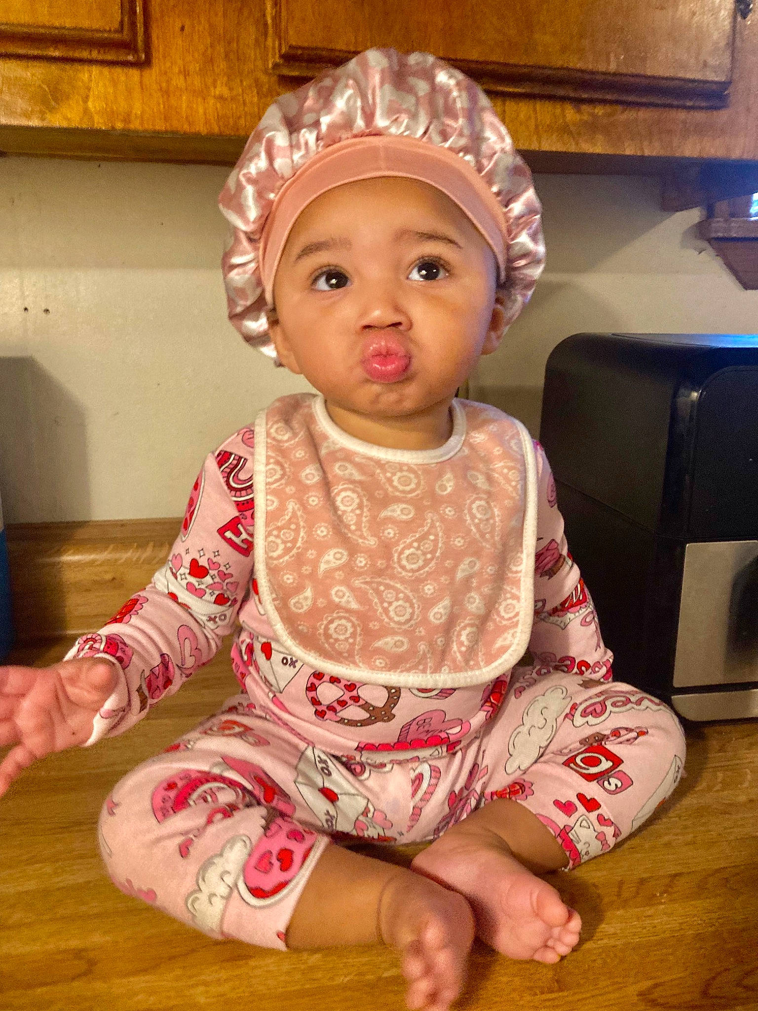Zalia joined the competition — help win amazing prizes! baby, baby_toddler_clothing, cheek, child, dress, eyelash, fashion_accessory, flooring, fun, happy, headwear, human_body, human_leg, pattern, peach, person, pink, sitting, skin, sleeve