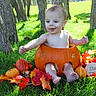 Asher is registered to the contest to win money with this photo: baby, infant, child, pumpkin, halloween, autumn, fall, leaves, outdoor, park, grass, trees, portrait, sitting, smiling, six_months, seasonal, gourd, nature, photography