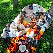 Asher is registered to the contest to win money with this photo: baby, infant, child, six_months, smiling, outdoor, autumn, pumpkin, leaves, blanket, plaid, grass, park, portrait, sitting, infant_clothing, seasonal, fall_decor, happy, nature