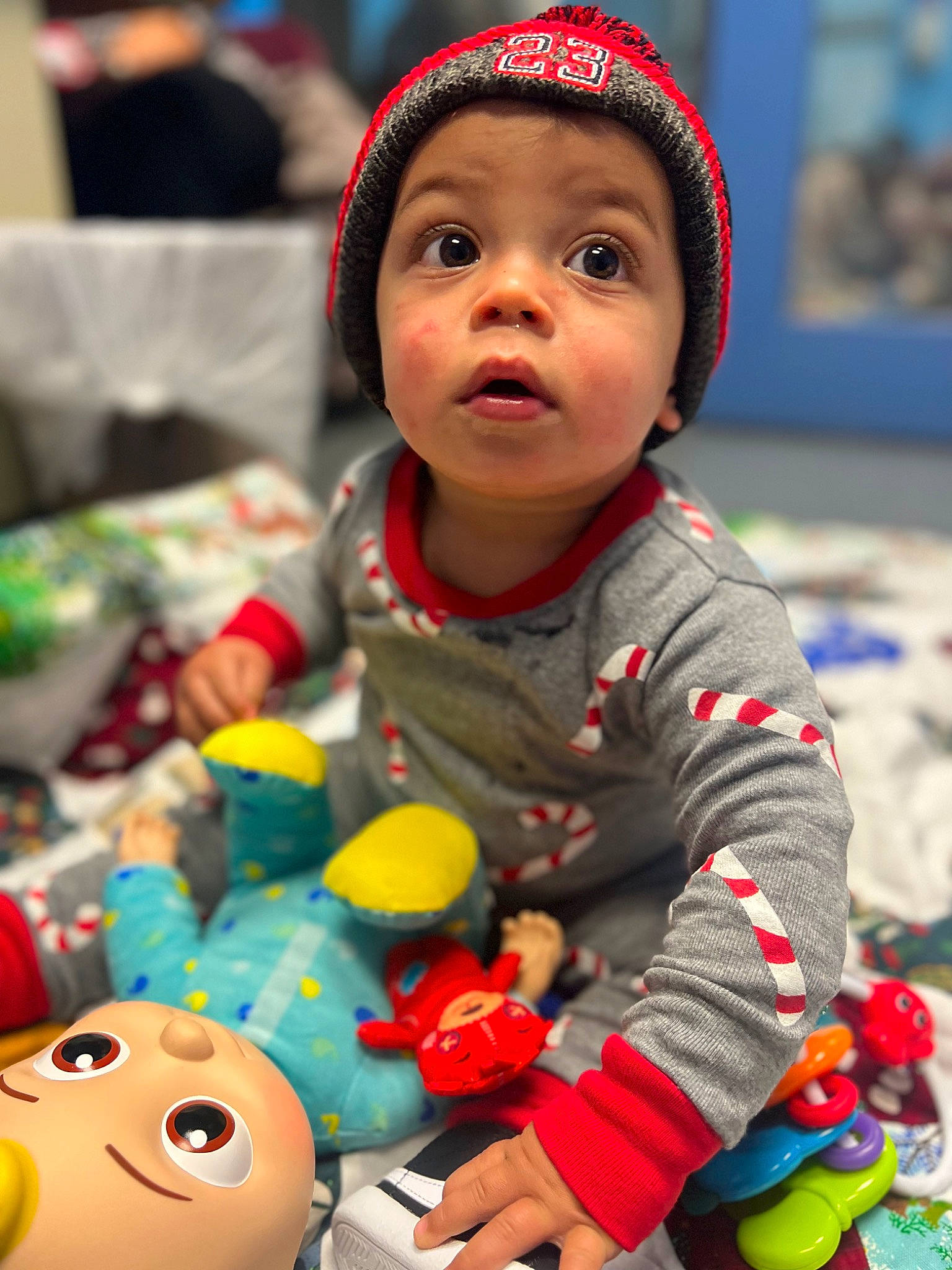 Nathaniel joined the competition — help win amazing prizes! baby, cap, child, event, face, facial_expression, fun, happy, leisure, organ, person, photograph, play, product, red, skin, snapshot, surprise, toddler, toy