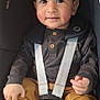 baby, child, car_seat, safety_harness, smiling, cute, infant, clothing, seatbelt, portrait, indoors, young_child, hands, feet, buttoned_shirt, casual_wear, sitting, happy, face, human