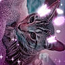 cat, tabby_cat, feline, pet, animal, close_up, portrait, lying_down, upside_down, cozy, blanket, whiskers, ears, eyes, striped_fur, purple_lighting, butterflies, sparkles, fantasy, indoor