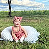 baby, child, clouds, countryside, cushion, fence, field, grass, happy, infant, nature, outdoor, pasture, pink_bow, portrait, romper, sitting, smiling, sunlight, tree