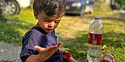 Zeno is registered to the contest to win money with this photo: child, boy, outdoor, sitting, pavement, plastic_bottle, red_liquid, casual_clothing, shorts, short_sleeve_shirt, curious, daylight, car, greenery, sunlight, shadow, nature, summer, expression, hand