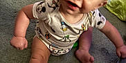 Haydn joined the competition — help win amazing prizes! baby, child, onesie, cartoon, carpet, floor, sitting, playful, curious, indoor, person, infant, cute, young, skin, hand, foot, head, expression, clothing